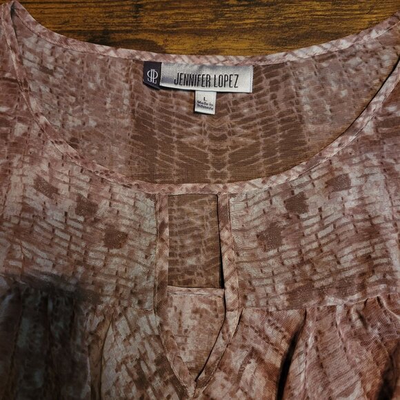 Jennifer Lopez Chiffon Ruffle Flare Sleeve Top L Watercolor Keyhole Neck Boho - Picture 3 of 9